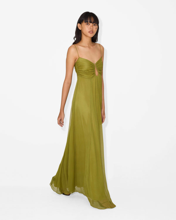 Vestido de Festa Longo de Chiffon com Busto Drapeado e Recorte Frontal – Sylvie
